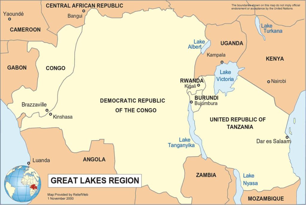 Map of Great Lakes region highlighting Congo and Rwanda